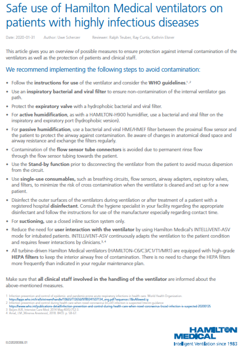 Safe use of Hamilton Medical ventilators on patients with highly infectious diseases