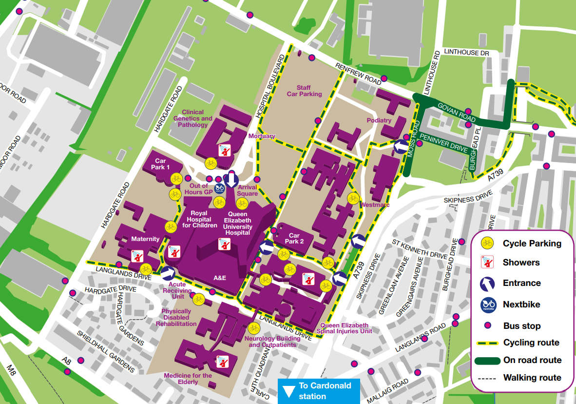 QEUH campus map showing bus stops, car parks and other facilities